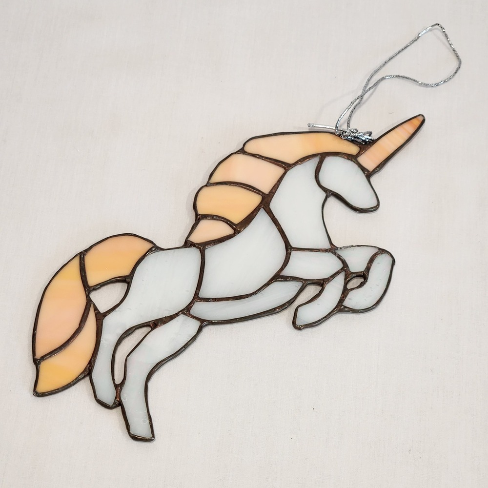 Stained Glass Unicorn Sun‎ Catcher Ornament Peach White Whimsical Fantasy